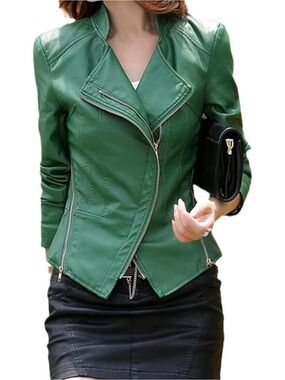 Women’s Green Asymmetric Leather Moto Jacket